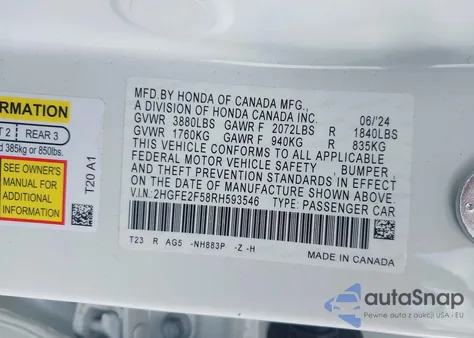 2024 Honda Civic Sport из США, поврежденный, VIN 2HGFE2F58RH593546